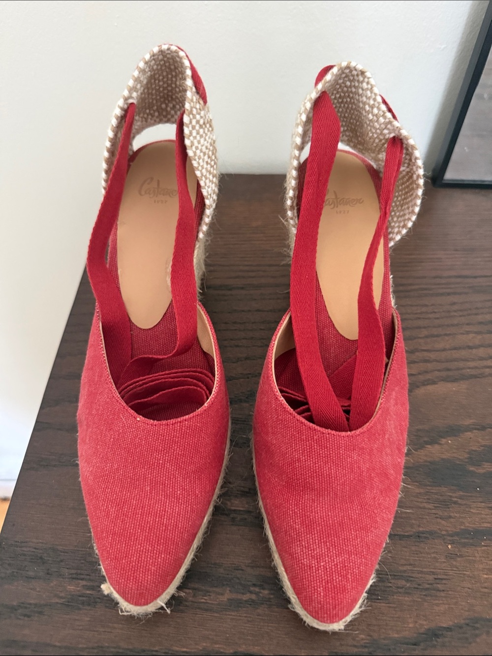 Castaner Red Canvas Espadrille Wedges with Ankle Wraps